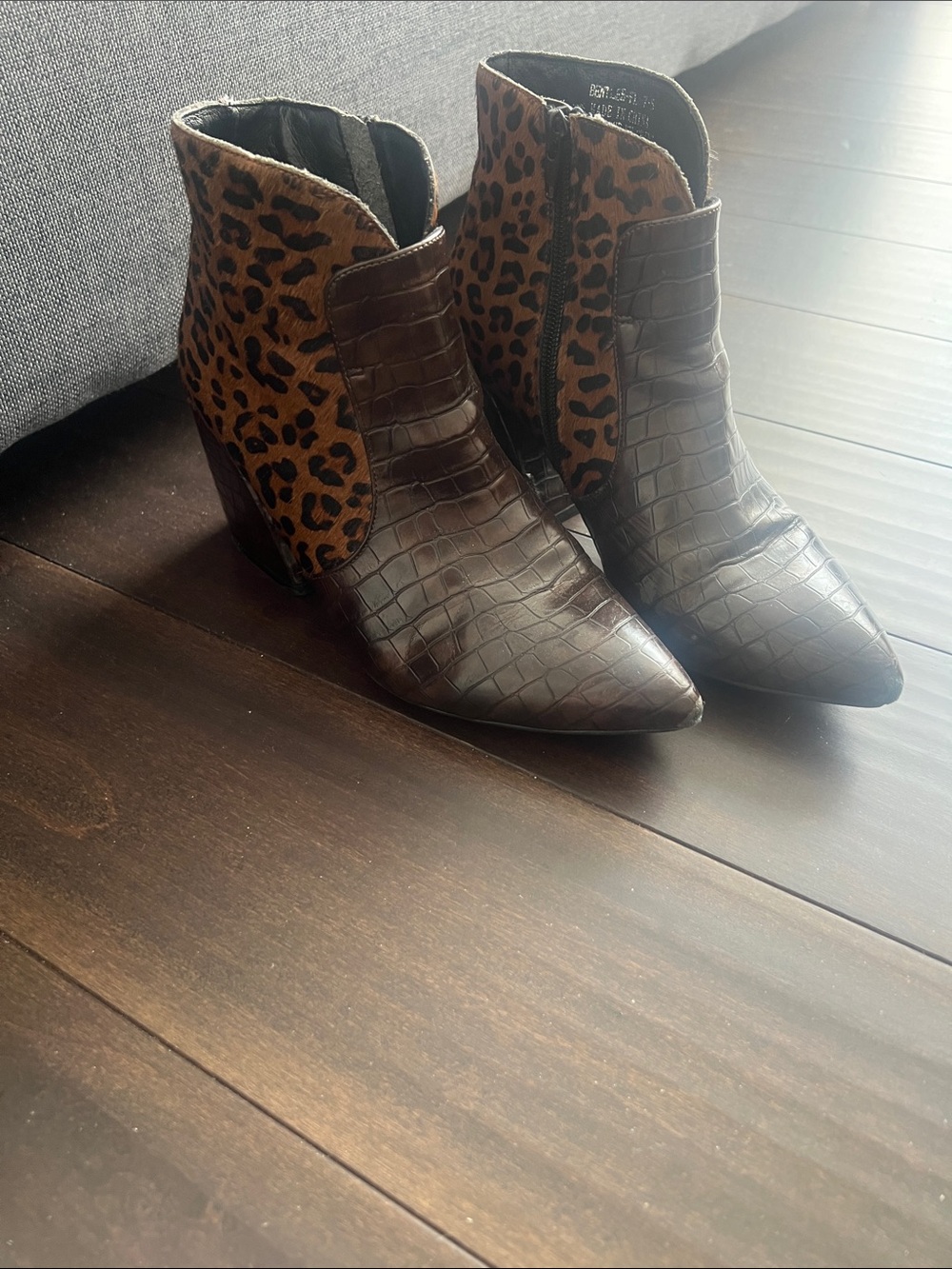 Jeffrey Campbell Brown Croc Embossed & Leopard Ankle Boots